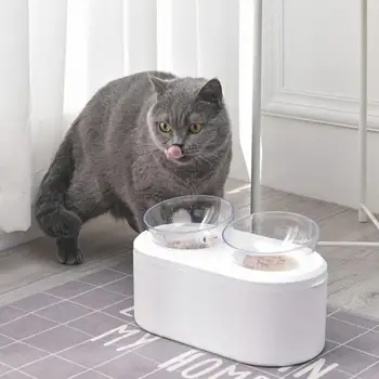 

Pet Cats Kitten Removable Oblique Dual Food Bowl Feeder with Non-slip Holder Case