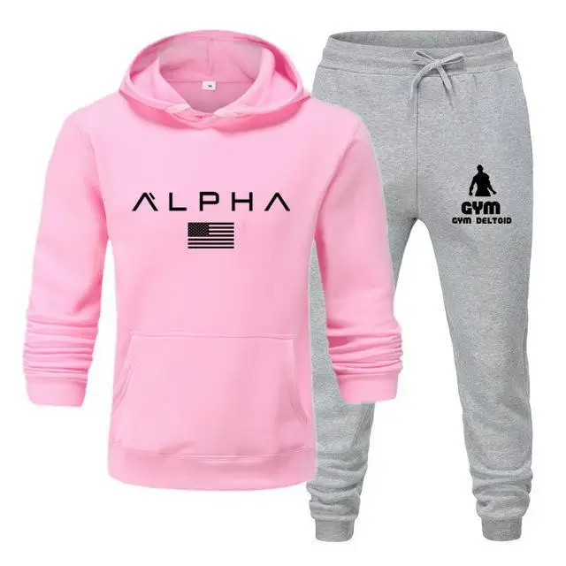 New Brand Printing Tracksuit Fashion Men Sportswear Two Piece Sets Polyester Cotton Thick Hoodie+Pants Sporting Suit Male - Цвет: pink light grey