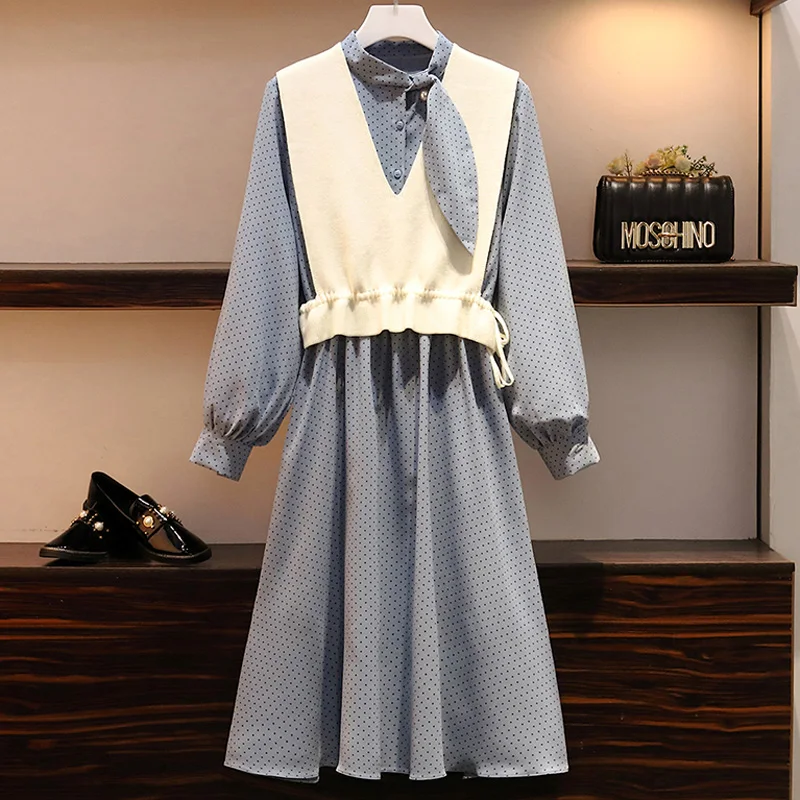 

Casual Women Suit Autumn Winter Tops Two Piece Set Polka Dot Printing Midi Pleated Shirt Dress And Knit Vest 2 Pcs Set Plus Size