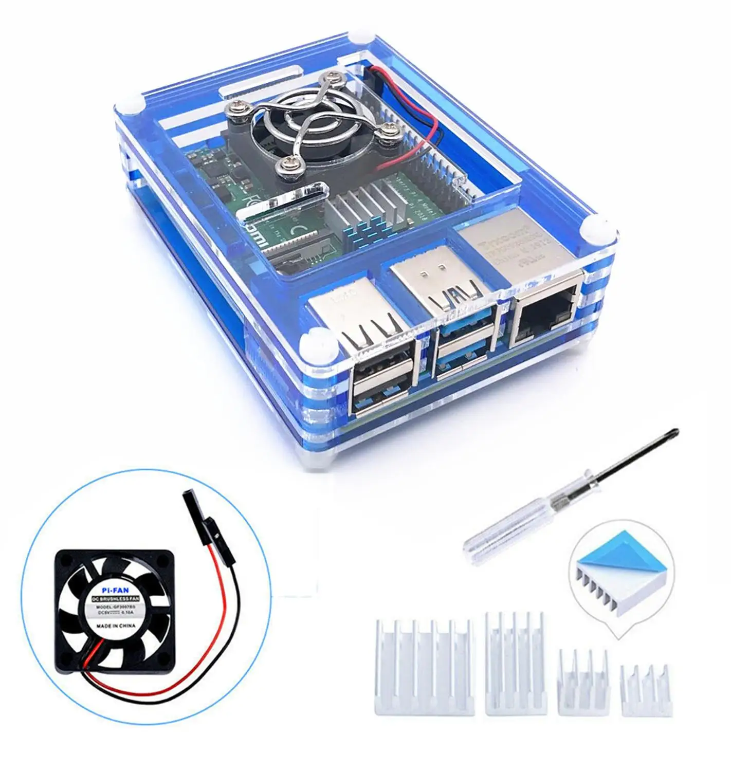Raspberry Pi акриловый чехол с охлаждающим вентилятором радиаторы для Raspberry Pi 4 карты памяти - Цвет: Синий