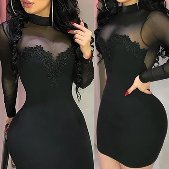 

Bandage Bodycon Applique Evening See through Party Mesh Spliced Short Mini Pencil Dress Summer Women Sexy Dresses Long Sleeve