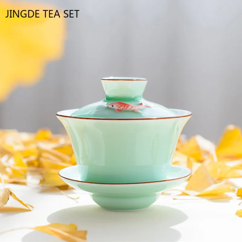 Chinese Ceramic Small Fish Gaiwan Teacup Travel Tea Bowl Handmade Celadon Teaware Accessories Drinkware Personal Cup 140ml