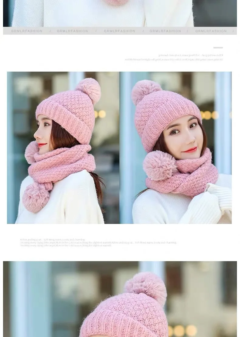 Женская зимняя вязаная шапка, шарф, набор, pom poms beanie, набор шарфов, одноцветная шапочка