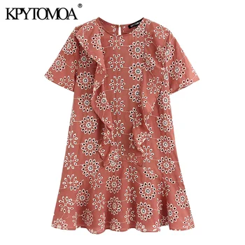 

KPYTOMOA Women 2020 Chic Fahsion Hollow Out Embroidery Ruffled Mini Dress Vintage O Neck Short Sleeve Female Dresses Vestidos