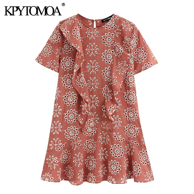 KPYTOMOA Women 2020 Chic Fahsion Hollow Out Embroidery Ruffled Mini Dress Vintage O Neck Short Sleeve Female Dresses Vestidos KPYTOMOA Women 2020 Chic Fahsion Hollow Out Embroidery Ruffled Mini Dress Vintage O Neck Short Sleeve Female Dresses Vestidos