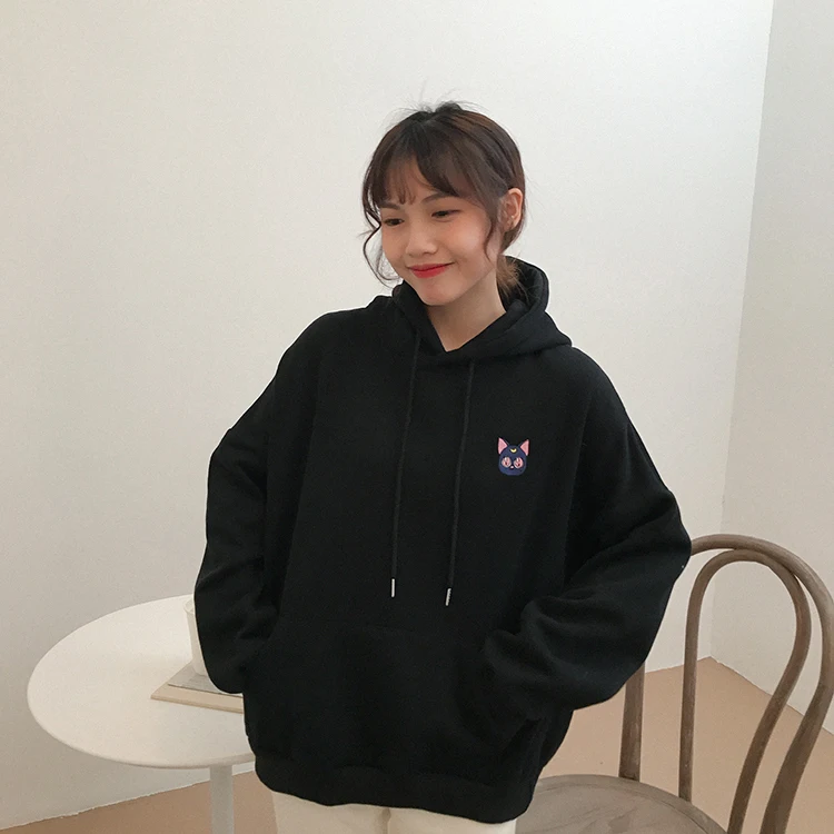 Fannic вышитые Луна кошка розовые толстовки для женщин Kawaii корейский стиль свободный свитер с капюшоном пуловеры