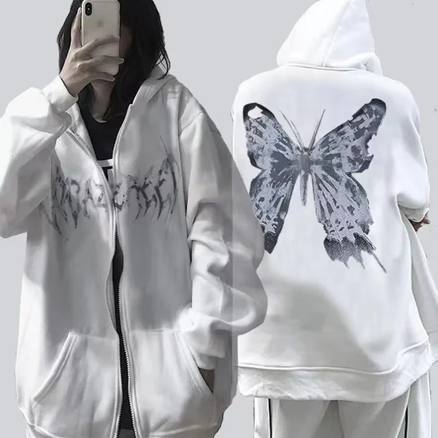 Y2k Butterfly Hoodie Women'S Zipper Harajuku Sweatshirt Fall/Winter Couples European And American Punk Oversized Hoodie Jacket L-0013 white