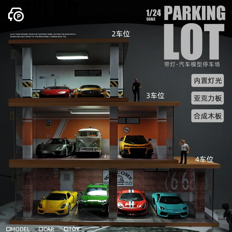1/24 Simulation Car Model Parking Lot Garage Scene Acrylic Dust Cover DISPLAY Box with Light Wooden Storage 2