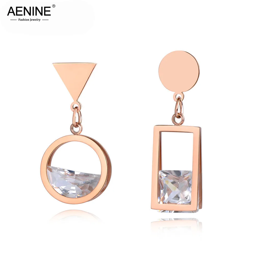 Модный aenine серьги из нержавеющей стали с кубическим цирконием, ювелирные изделия для женщин, розовое золото, асимметричные геометрические офисные серьги AE19040