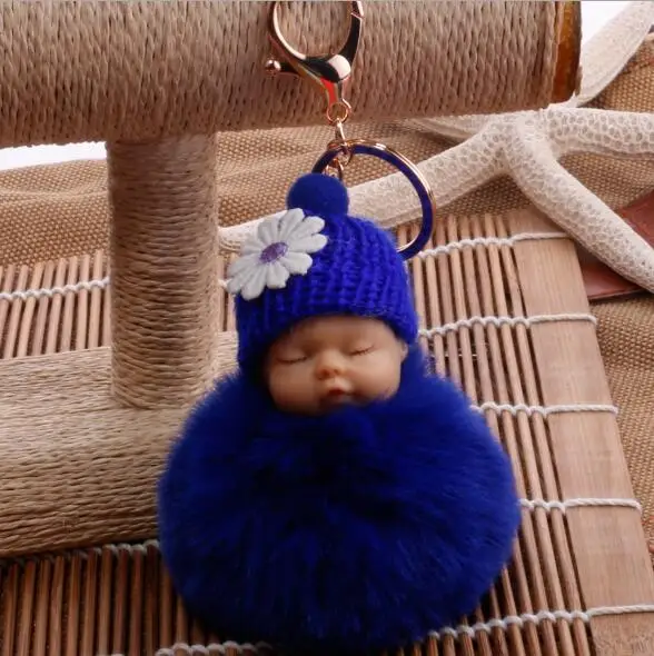 Baby Doll Toy DropshipCute Sleeping Baby Doll Key Chains For Women Bag Toy Key Ring Fluffy Pom pom Faux Fur Plush Keychains 14