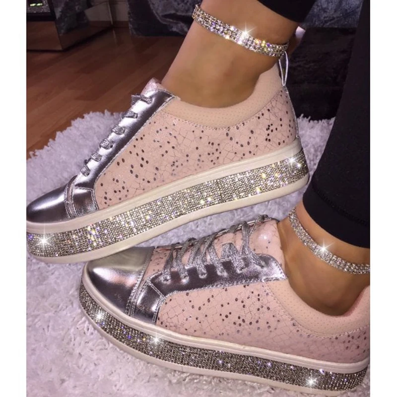 

Womens Fashion Casual Rock Glitter Sparkling Sneakers Women's Encrusted Lace Up Shoes White Sole Fashion Street Sneakers Shiny
