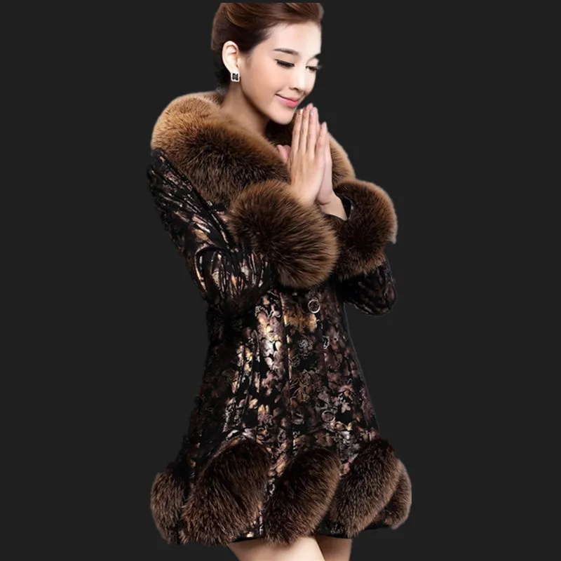 multi-color leather printed leather down jacket female long section fox fur sheep skin Slim autumn and winter new style