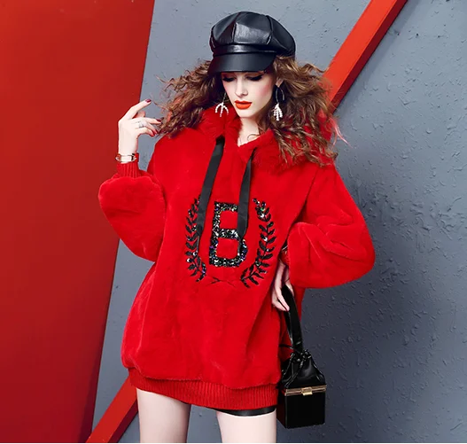 

Beading Sequined Embroidery Pattern Imitation of Rabbit Hair Hooded Collar Long Sleeve Sweatshirts Tops Women Autumn Winter Tops