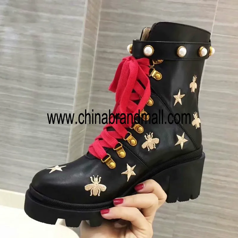 

Golden Bee Print Pearl Winter Boots Women Lace Up Ankle Boots Shoes Feminina Metal Decor Leather Martin Bottes Femme Short Boots