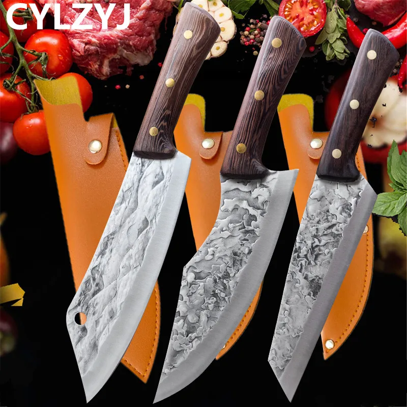 Boning Knife Set Stainless Steel Full Tang Wood Handle Chef Hammered  Slicing Cut