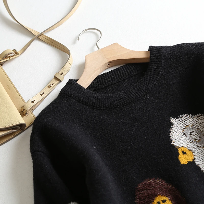 Вязаный свитер женский джемпер зима Модный повседневный Толстый Пуловер с круглым вырезом и мультяшным принтом модный вязаный черный топ