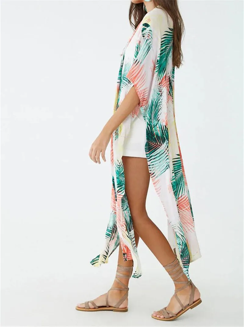 Богемный тропический принт спереди открытый кимоно кардиган размера плюс женская летняя пляжная одежда платье с запахом Robe de plage Sarong N919