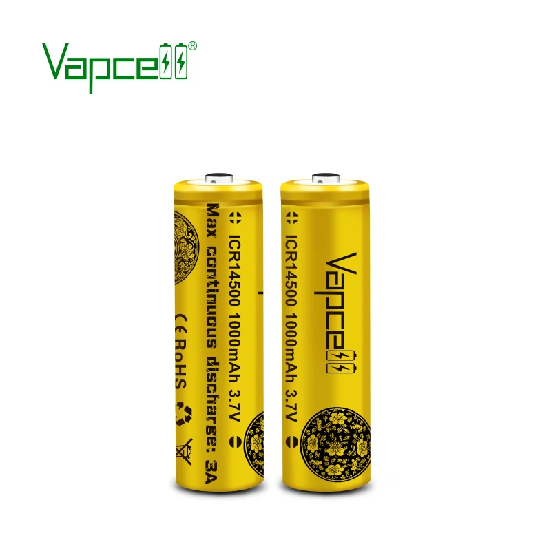 VapCell Боттон Топ 14500 1000mah 3A с крышкой li lon 3,7 v PK 14500p для фонарика батареи