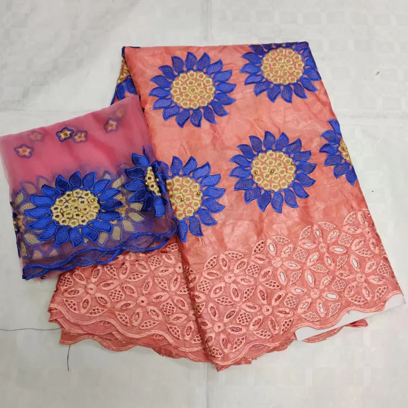 

(5+2 yards/set) 2019 newest African bazin riche lace fabric in peach with wonderful embroidery and net lace for dress BLN001