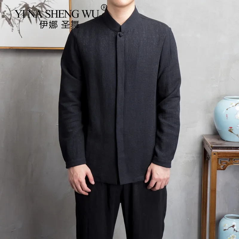 Mens Chinese Style Cotton Linen Long Sleeve Shirt Men Casual Clothing Retro Tang Suit Stand Up Collar Top Plus Size Clothes Male