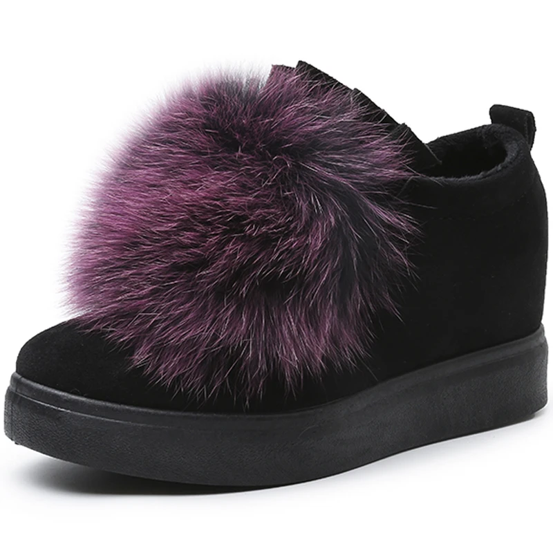 

Genuine Fox Fur Furry Shoes Women Winter Platform Sneakers Designer Ankle Boots Casual Shoes Big Fur Ball Warm Cotton Shoes P054