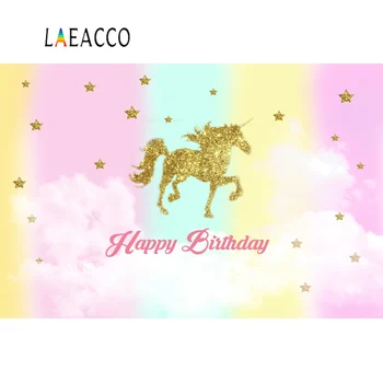 

Laeacco Pink Golden Unicorn Birthday Party Star Cloud Baby Portrait Poster Photo Background Photography Backdrop Photo Studio