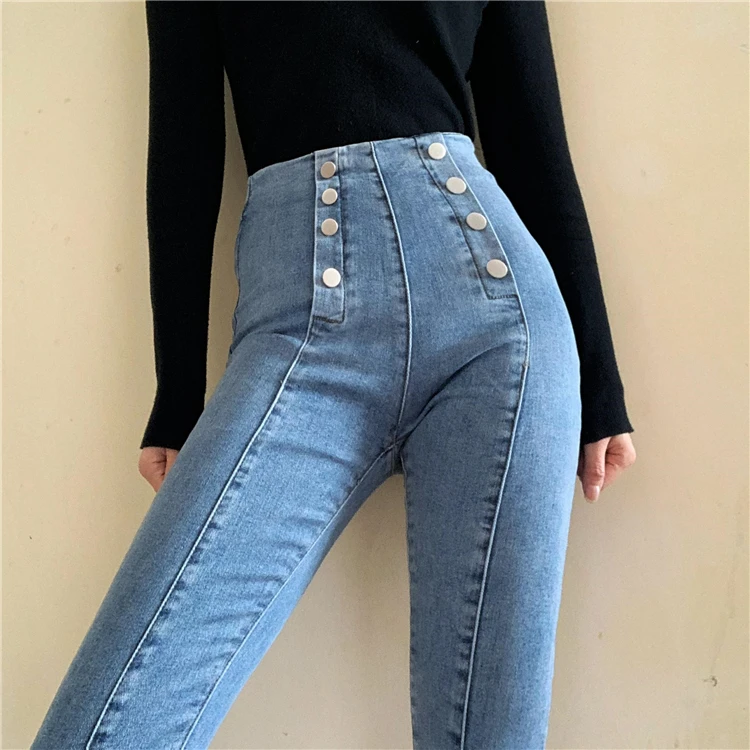 

High-waisted Double-breasted Jeans for Women Skinny Elastic Side Zipper Package Hip Pencil Pants Pantalones Vaqueros Mujer