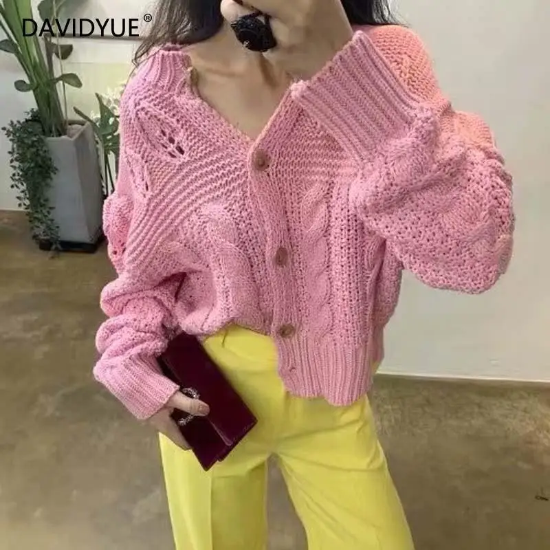 Korean style women cardigan pink sweater fall 2019 vintage streetwear womens clothing white knitted |