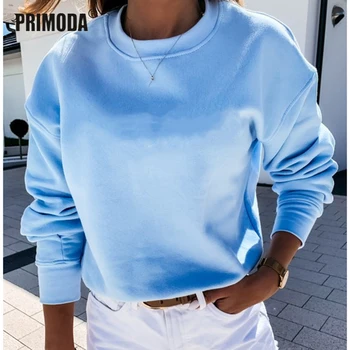 

Long Sleeve Hoodies Autumn Solid O-Neck Casual Pullovers Women Blue Fashion Female Sport Sweatshirt Harajuku Streetwear PR1751G