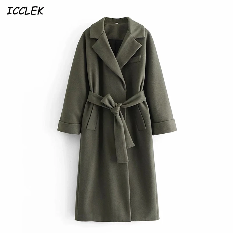 

2020 Winter Women's Long Coat With Belt Armygreen Woolen Coat Female Long Sleeves Long Jacket Office Overcoat za Solid Outerwear