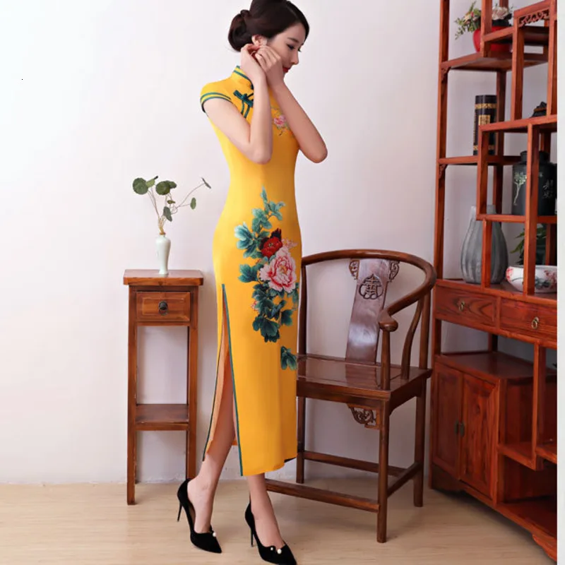 Sheng Coco желтый Восточный стиль платья Длинные Cheongsam банкет вечернее платье свадебное Qipao Китайский леди цветочный принт Qi