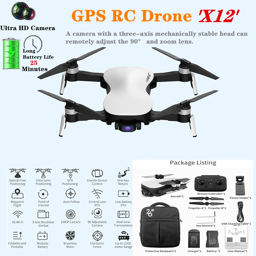 

RC Drone JJRC X12 Drones with 5G WiFi 4K HD Camera GPS Optical Flow Brushless 25 Mins Fly Time Quadcopter with 1080P Camera Dron