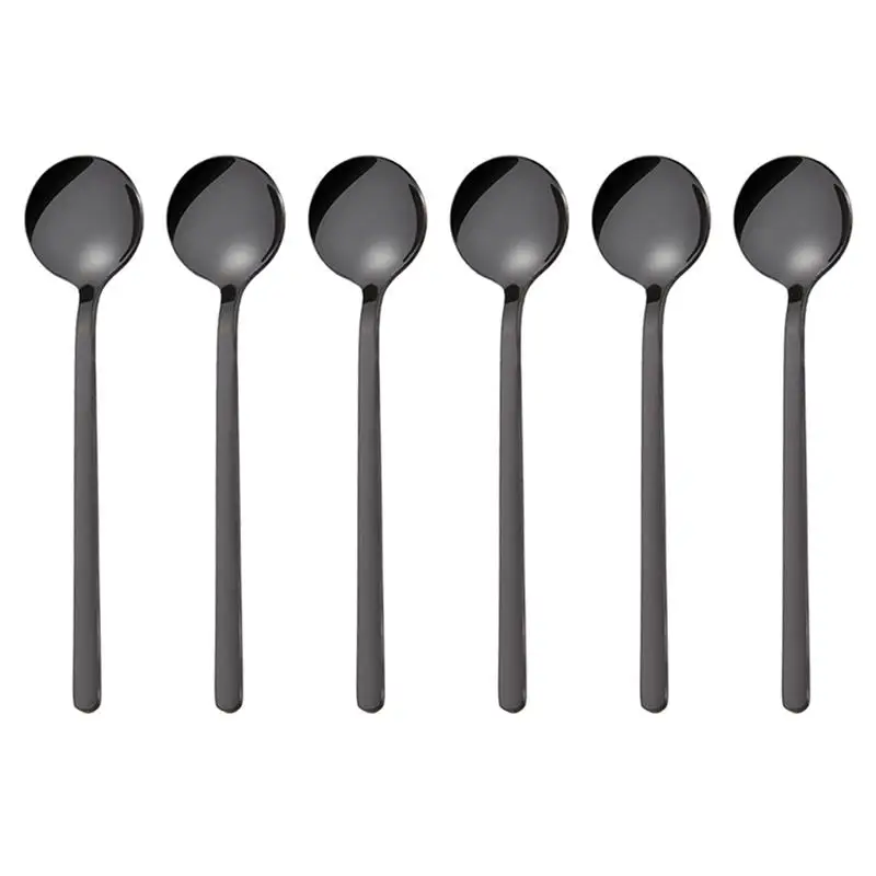 

6 Pcs 13CM Stainless Steel Round Spoon Mini Long Handle Teaspoons Coffee Stirring Spoon for Coffee Sugar Dessert (Short, Black)