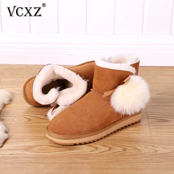 

VCXZ high quality fashion Cowhide Leather Wool Fur Lined Women Winter Boots Pom-pom cute Style Lively Shoes for Girls Snow Boots