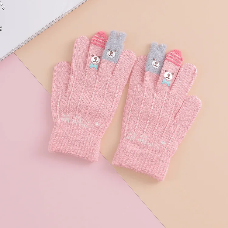 Зимние/Осенние перчатки с пальцами для От 3 до 6 лет, теплые мягкие вязаные тонкие перчатки, модные детские перчатки с героями мультфильмов для девочек - Цвет: pink