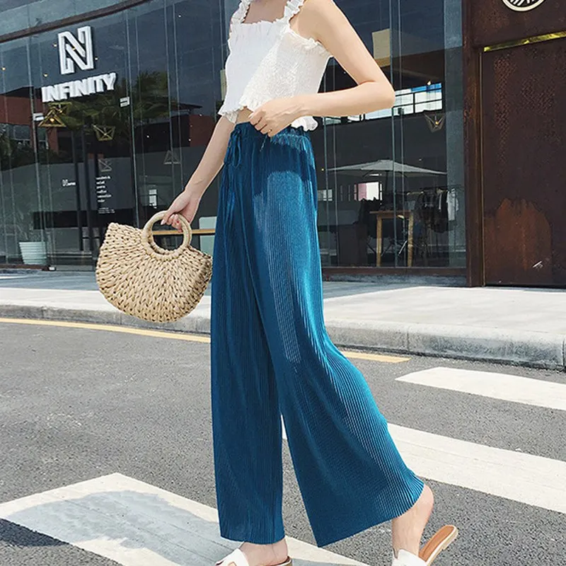 

B Pants For Women Summer Solid Color Loose Wide Leg Loose Elastic High Waist Elastic Waist Tie Straight Nine Pants One size