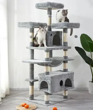 

Large Cat Tree Tower House Kitten Pets Play Climbing Sisal Scratching Post Cats Scratcher Activity Centre Toy Hammock Gray