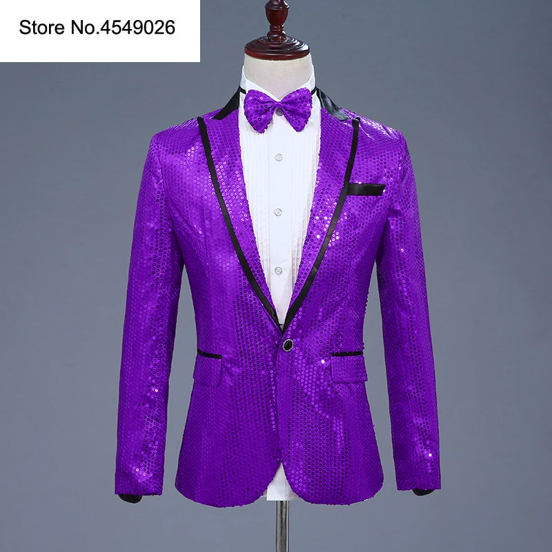 

Sequin Mens Purple Blazer Jacket With Bow Tie Costume Nightclub Singer Wedding Grooms Shiny Blazers Suits