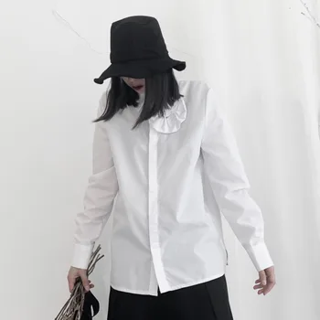 

LANMREM 2020 Retro Spring New Women's Simple Solid Color Flower Design Long-sleeved Lapel Versatile Shirt 19B-a278