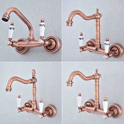 Antique Red Copper Brass Wall Mounted Bathroom Kitchen Sink Faucet Swivel Spout Mixer Tap Dual Ceramic Handles Levers msf872