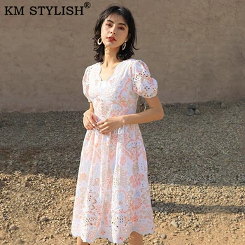 

Women's Sexy V-neck Dress Spring / Summer 2020 New Slim Waist Embroidered Hollow Out Holiday Casual One-piece Dress Clothings