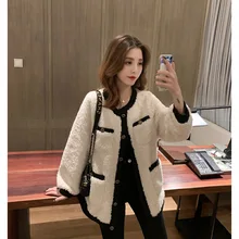 Осенняя одежда, стиль, корейский стиль, контрастные цвета, шерсть ягненка, пальто с длинными рукавами, Модные свободные стройнящие топы, Ретро стиль