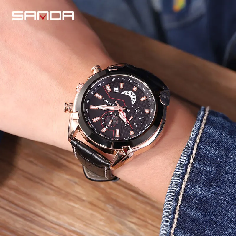 

SANDA 2018 New Style Multi-functional Six-pin Calendar Sports Watch MEN'S Watch Genuine Leather Waterproof Watch