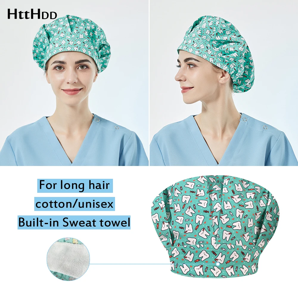 

Breathable Built-in Sweat towel Child Health Check Center work scrubs caps cartoon printing scrubs caps adjustable tail hats
