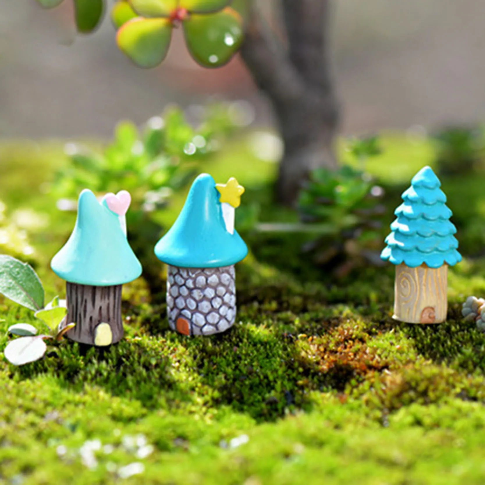 3pcs/Set Vintage Blue Mini Mushroom House Miniature Mini Craft Fairy Garden Micro Landscaping Decor Home Decoration Accessories miniature figurines,mini mushroom ornament