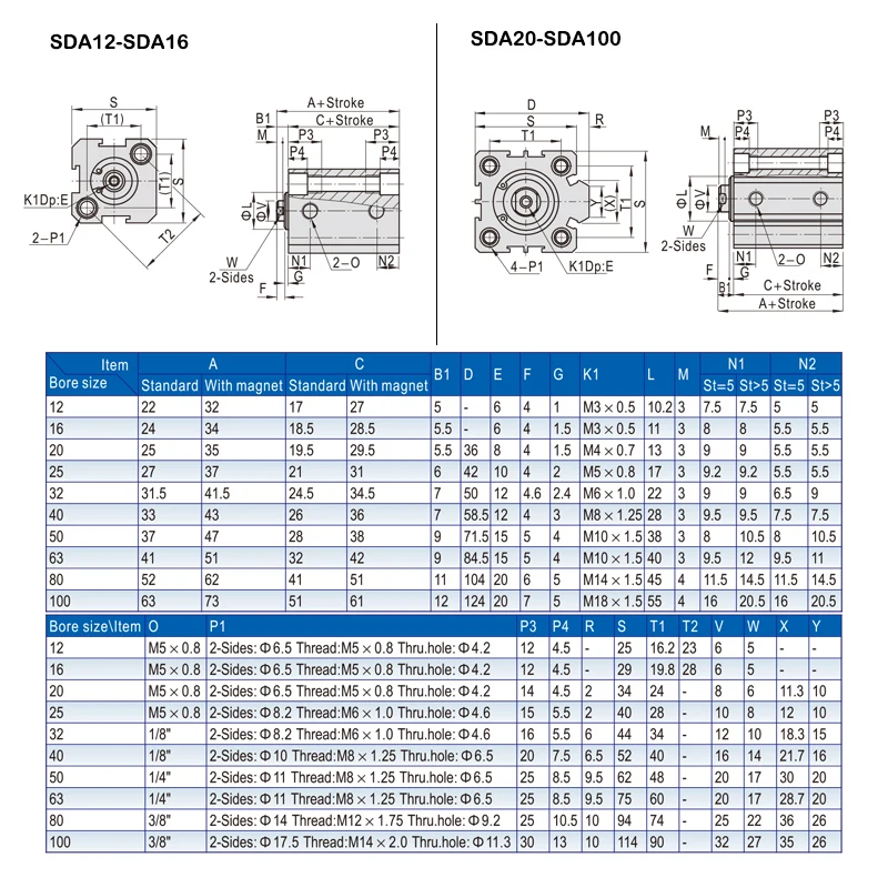 SDA16/20/25/32/40/50/63/80mm Bore Double Acting Pneumatic Air Cylinder Piston 5 10 15 20 30 40 50mm Stroke