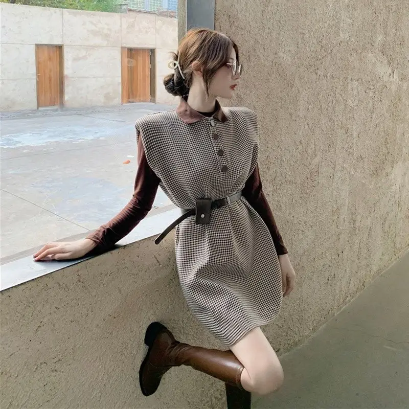 

Fashionable Skirt Suit Two-Piece Women's Plaid Straight Dress+Brown Long Lapel T-shirt Top Autumn and Winter Elegant Lady Dress