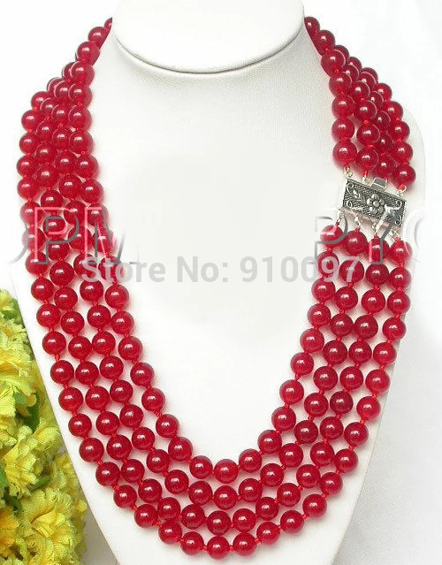 free HH#natural 8mm 4row round red stone necklace 925 silver clasp