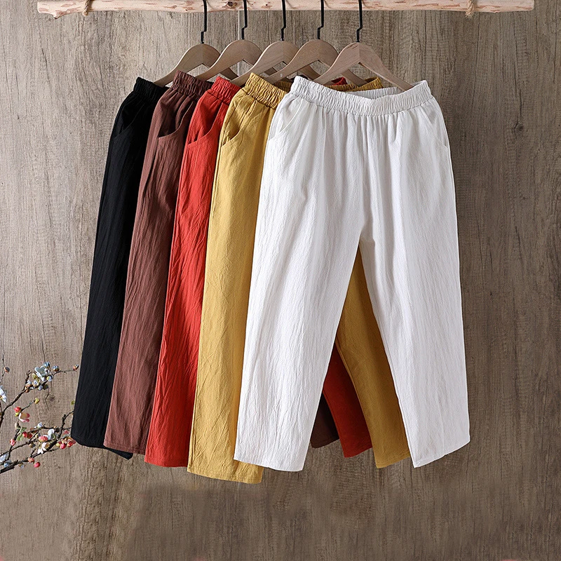 Spring Summer Cotton Linen Pants Large Size Women's Trousers Solid