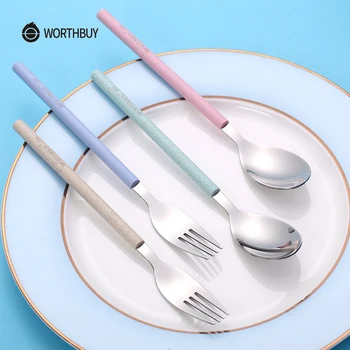

Maiyuansu Kitchen Cutlery Dinner Set 304 Stainless Steel Tableware Fork Spoon With Colorful Wheat Straw Handle Dinnerware Set